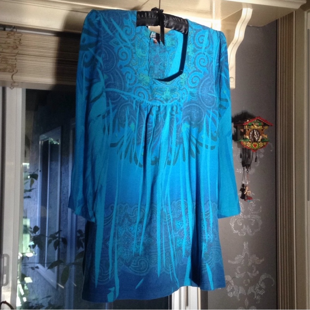 Vintage Suzie boho turquoise top paisley hippie Size L women’s blue square neck